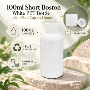 Bouteille PET blanche Boston courte de 100 ml avec bouchon simple |   Emballage cosmétique pour lotion, crème et liquides de soin de la peau - Product Image 5