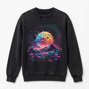 Sweat-shirt vintage délavé avec motif Cyber Glitch, en coton épais, col rond, style rétro futuriste streetwear - Product Image 1