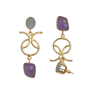 Boucles d'oreilles pendantes de mode plaquées or avec double pierre semi-précieuse (améthyste et amazonite) pour la vente en gros - Distributeur de bijoux - Product Image 3