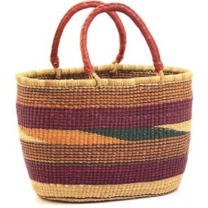 Bolso de mano de paja tejida a rayas color burdeos personalizado con asa de cuero, estilo casual de moda para mujer, OEM - Product Image 2