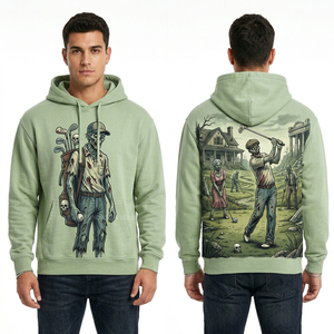 Sweat à capuche personnalisé rouge et noir à manches superposées pour homme, style streetwear, effet délavé, motif Zombie Construction Crew, en molleton de coton - Product Image 6