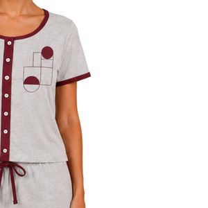 Light Gray And Burgundy Women Two Piece Shorts Set Round Neck Button <b>Top</b> Geometric Print Casual Summer Cotton Lounge Wear Outfit - Product Image 4