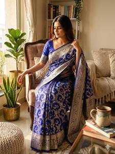 Sari en soie Banarasi bleu, brodé de fleurs, robe de mariage indienne, robe traditionnelle pour cérémonie - Product Image 6