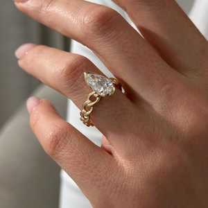 2 Carat Pear Cut Lab Grown Diamond Cuban Chain Design <b>Engagement</b> <b>Ring</b>, <b>UNIQUE</b> Half Bezel Set in 14k Yellow Gold, IGI Certified - Product Image 2