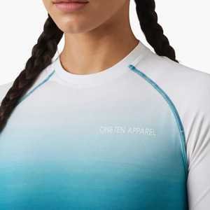 Ensemble de yoga 2 pièces pour femme, respirant, avec haut court à manches longues et leggings taille haute élastique, bleu dégradé, vêtements de sport avec logo frontal - Product Image 6