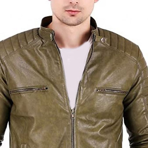 Chaqueta de Moto para Hombre, Verde Oliva, de Cuero Genuino, Impermeable, Transpirable, con Cuello Alto, Cierre de Cremallera, Corte Ajustado, Manga Regular, Color Sólido - Product Image 3