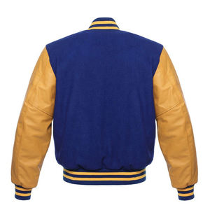 Chaqueta Varsity Azul y Dorada para Hombre con Mangas de Cuero, Estilo Preppy, Chaqueta Universitaria de Béisbol, Corte Regular, Cuello Camisero - Product Image 2