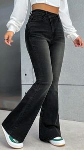 Jean en denim évasé taille mi-haute pour femme, longueur intégrale, imperméable, sexy, style streetwear, délavé, en coton, décontracté, style automne - Product Image 2