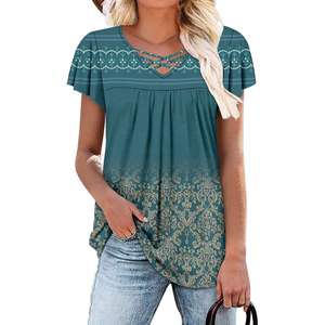 2025 femmes Boho flatteur col en V tunique haut habillé à manches courtes chemises Leggings sarcelle XL taille élégant String XS disponible - Product Image 3