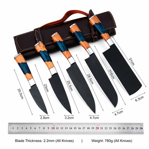 Ensemble de couteaux de chef faits main en acier carbone, 5 pièces, avec manches en résine ambidextres et couche d'acier Damas, étui en cuir inclus - Product Image 5