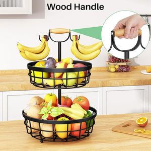 2 Tier Fruit <b>Basket</b> with Dual Banana Hanger Wooden Handle Metal <b>Wire</b> Fruit Bowl Kitchen Counter Storage Organizer - Product Image 5
