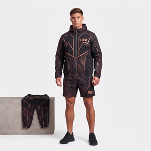 Conjunto deportivo de 3 piezas para hombre, color negro cobre, chaqueta técnica con capucha, pantalones cortos de malla transpirable para gimnasio, pantalones deportivos ajustados, ropa deportiva para entrenamiento. - Product Image 4