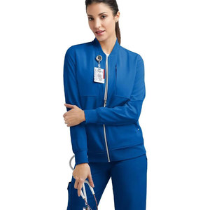 Uniforme Médico para Mujer, Azul, Poliéster Tejido, Uniforme de Hospital con Cierre Frontal y Bolsillo para Tarjeta de Identificación, Hecho en Fábrica - Product Image 1