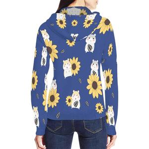 เสื้อสเวตเตอร์มีฮู้ดสีน้ำเงินสำหรับผู้หญิง แขนยาว พิมพ์ลายการ์ตูนดอกทานตะวันและหนู ผ้าถัก ระบายอากาศได้ดี เหมาะสำหรับใส่ในฤดูใบไม้ผลิ - Product Image 3