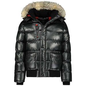 GEONORWAY Women's Quilted Jacket Fur Trim Hood Winter Parka <b>Black</b> Genuine Leather Shell Breathable Animal Print Cotton Filling - Product Image 1