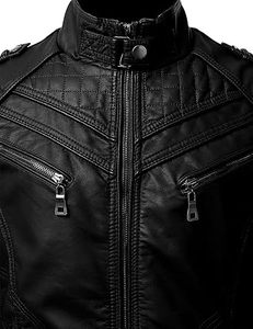 Chaqueta de Cuero Original Negra para Hombre, Estilo Motero, Corte Ajustado, Cierre de Cremallera, Cuello Alto, Largo Regular, Color Sólido, Estilo Moto, para Otoño - Product Image 5