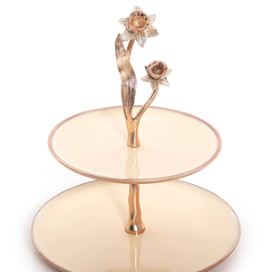 Round Two Tier Cake Stand With Floral Metal Handle Handmade Gold Finish - Product Image 1
