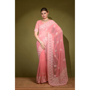 CRÉATEUR FIL TRAVAIL SAREE AVEC CHEMISIER NON COUDU ROSE - Product Image 1