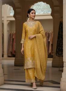 Women Designer Mustard Yellow Embroidered <b>Kurti</b> Pant Set with Dupatta | Ethnic Party Wear Salwar Suit for Wedding & Festive - Product Image 3
