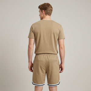 Conjunto de Camiseta y Pantalones Cortos de Algodón de Color Sólido para Hombre, con Ribete en Contraste en la Parte Delantera, Corte Regular, Estilo Casual, Cuello Redondo, Manga Corta, Tejido de Punto, 180g - Product Image 4
