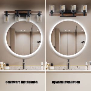 Lampada da Parete Rustica a 4 Luci da 27 Pollici, Stile Industriale Moderno per Bagno, con Accenti in Legno e Paralumi in Vetro - Product Image 5