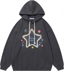 Sweat-shirt à capuche unisexe surdimensionné avec motif étoile brodé en coton molletonné, vêtement décontracté pour l'automne, prix de gros - Product Image 1