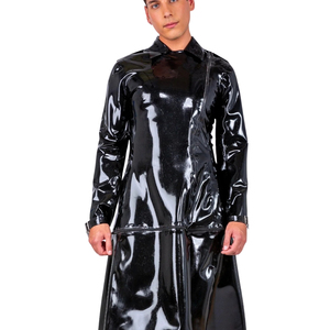 <b>Men's</b> Black Glossy Long Sleeve <b>V</b>-<b>Neck</b> <b>Shirt</b> Solid Color Gothic Style Regular Fit Woven Polyester Short Length - Product Image 3