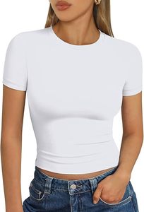 Camiseta Corta de Manga Corta con Cuello Redondo para Mujer, Ajustada, de Punto, de Algodón y Elastano, Informal, de Color Sólido, Transpirable, para Primavera y Verano - Product Image 5