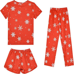 Ensemble de pyjama unisexe 3 pièces à imprimé flocon de neige rouge, t-shirt, pantalon long, short, coton respirant, vêtements de nuit d'été, vêtements du Bangladesh - Product Image 2
