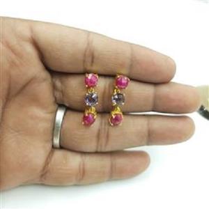 Boucles d'oreilles pendantes en pierres précieuses rondes teintées (rubis et améthystes) en gros, boucles d'oreilles en pierres précieuses au design tendance - Product Image 1