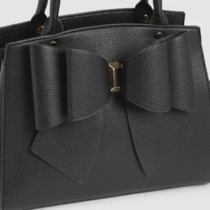 Royaa Black Bow Top Handle Satchel <b>Handbag</b> Genuine Leather Adjustable Strap <b>Small</b> Zipper Closure Letter Decoration Portable - Product Image 3