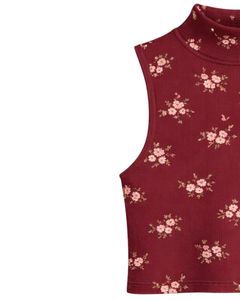 Débardeur court côtelé rouge personnalisé à col montant sans manches avec petit imprimé floral pour femme, coupe ajustée extensible, décontracté, tendance été - Product Image 2