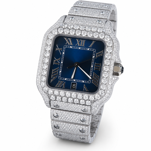 Reloj de Lujo con Esfera Azul Completamente Adornada con Moissanita, Reloj Unisex de Acero Inoxidable con Números Romanos y Visualización de Fecha - Product Image 5