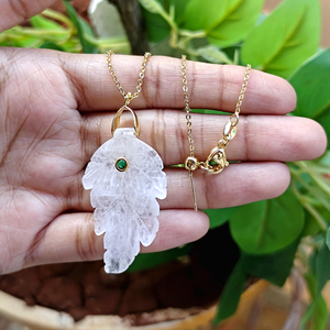 Wholesale jewelry crystal quartz leaf carving pendant with emerald cz inlay 18k gold plated <b>statement</b> chain <b>necklace</b> for women - Product Image 1
