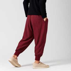 Men's Red <b>Harem</b> Pants Elastic Waist Drawstring Casual Straight Knitted 100% Cotton <b>Trousers</b> Winter Midweight Breathable Style - Product Image 4