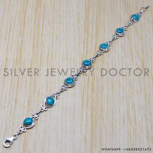 925 Sterling <b>Solid</b> <b>Silver</b> Round Cut Turquoise Gemstone <b>Bracelet</b> Handmade Design Fine Jewelry Wholesale <b>Silver</b> <b>Bracelet</b> For Women - Product Image 3