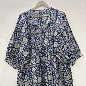 Vestido Casual Midi de Algodón Tejido con Estampado Floral para Mujer, Mangas Abullonadas, Cintura Imperio, Estilo Babydoll, Cuello en V, Corte Holgado - Product Image 2