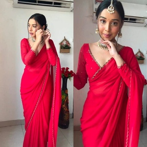 Mujeres paquistaníes indias Saress Faux Georgette Saree You Most Beautiful última colección de Sari lista para usar de Fatema Fashion - Product Image 1