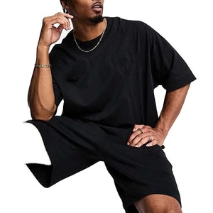 Men's Black Cotton Two Piece T-Shirt Shorts <b>Set</b> Crew Neck Solid Color Casual Summer <b>Knitted</b> Wear Breathable Lightweight - Product Image 3