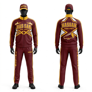 Chándal de entrenamiento para hombre, 300 GSM, forro polar de poliéster premium, color granate con paneles en dorado, logotipo personalizado por sublimación - Product Image 1