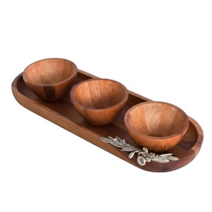 Luxury Handcrafted Acacia Wood Serving <b>Tray</b> with 3 <b>Condiment</b> Bowls Eco-Friendly Solid Wood Dipping Sauce Set for Hotel Supply - Product Image 3