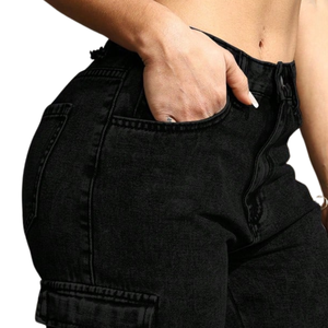 Pantalones Cargo de Mezclilla Negros de Pierna Ancha para Mujer, Cintura Alta, Ajuste Holgado, Estilo Casual, Utilitario, Moda Urbana, Uso Diario - Product Image 5