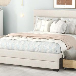 Letto matrimoniale imbottito beige con piattaforma, letto estraibile singolo, due cassetti, morbido e confortevole, design semplice con contenitore - Product Image 4