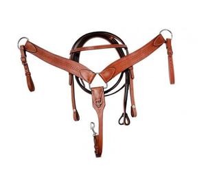 Cabezada, pechopetral y riendas de cuero tópico estilo western con decoración artesanal de ondas y detalles de acero inoxidable, fabricante indio, marca LLT - Product Image 1