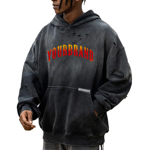 Sweat-shirt à capuche oversize pour homme en coton lavé French Terry, style streetwear, avec poche avant et design vieilli - Product Image 1