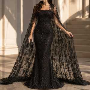 <b>Silver</b> Crystal Embellished Evening Gown Women Designer Mermaid <b>Dress</b> Natural Waist Detachable Train Floor-Length Chiffon - Product Image 2