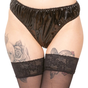 Culottes hipster pour femmes en cuir verni noir avec bordure en dentelle blanche, taille mi-haute, couleur unie, design sans couture, sexy - Product Image 6