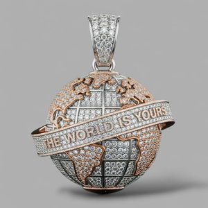 Colgante de Moissanita con Diseño de Globo Terráqueo, Completamente Engastado, Micro Pavé, Chapado en Oro, Dos Tonos, Estilo Hip Hop, Regalo para Él - Product Image 3