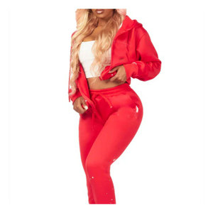 Womens Red Cropped Hoodie <b>Jogger</b> <b>Set</b> Two Piece Tracksuit Casual Sweatshirt <b>Matching</b> Pants Lounge Sportswear Outfit - Product Image 3