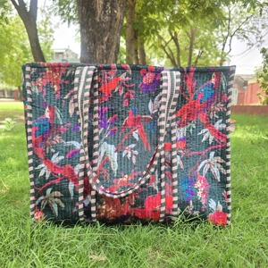 Black Solid Color Indian Handmade Quilted Velvet Bohemian Shoulder Tote <b>Bag</b> with Cotton Lining-Large Size - Product Image 1